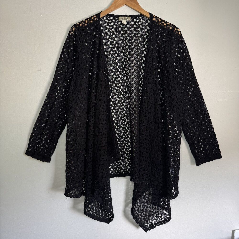 Black Crochet Lace Open Front Cardigan 1X Kimono Boho Festival Witchy Whimsygoth